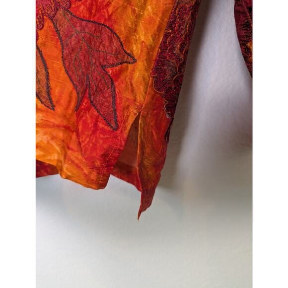 Chico’s Silk Organza Rust Orange Autumn Floral Button Up Top Women L Sz 2 Artsy - Picture 12 of 14